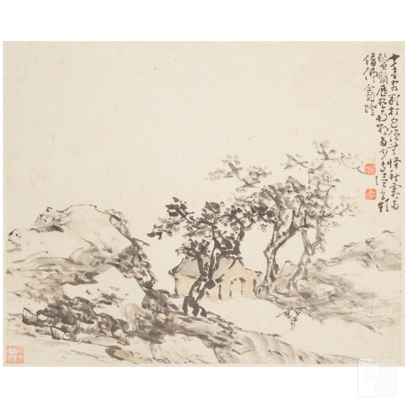 黃慎（1687-1768）山水冊頁二幀 淺絳水墨紙本 鏡心 | HUANG SHEN (1687-1768) - 图4